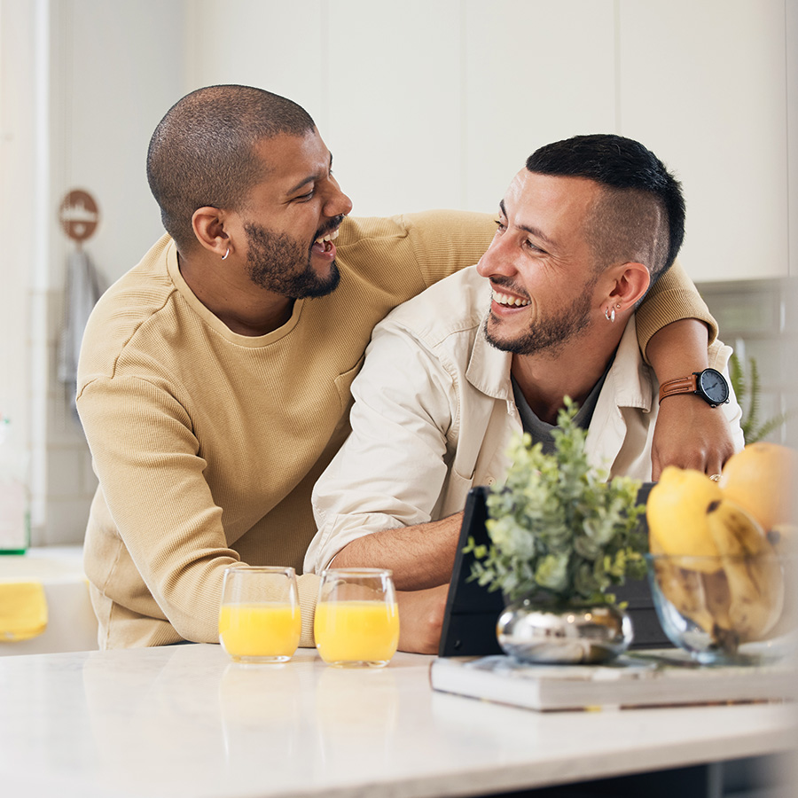 lgbtq gay and couple hug in kitchen for bonding 2023 11 27 05 14 42 utc